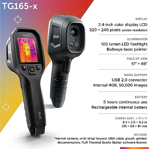 Flir TG165-X Thermal Imaging Camera with Bullseye Laser, Spot IR | 80x60 IR, -25 to 300C, spot thermometer, MSX, IP54, building/HVAC/electrical, strap, pouch - style: TG165-X