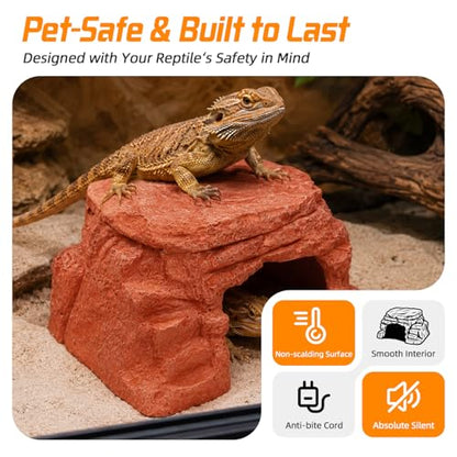 Heated Reptile Hide Cave USB 5V/2A Thermostat Heating Rock | Bearded Dragon Leopard Gecko Ball Python, Reptile Cave Heater with Natural Resin Rock Texture for Terrarium Shelter