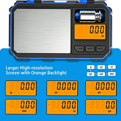 (Upgradaed) Digital Mini Scale, 200g /0.01g Pocket Scale, 50g Calibration Weight, Electronic Smart Scale, 6 Units, LCD Backlit Display, Tare, Auto Off, Stainless Steel (Battery Included) - color: Blue