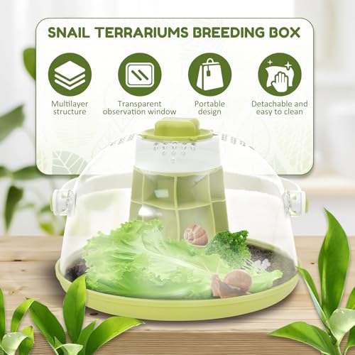 Snail Terrariums Breeding Box, Portable Plastic Habitat with Air Vents & Removable Base, Round Snail Habitat Starter Terrarium Kit, Transparent Feeding Box for Beetles, Spiders and Small Reptile