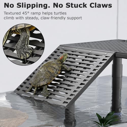Upgraded Standing Turtle Basking Platform with Ramp, Built-in Feeding Tray | Adjustable Height, No Zip Ties, Non-Slip Ramp, Stable & Secure Turtle Dock for 30+ Gallon Aquariums (Fits Tanks 12+ In Wide) - size: 10 × 7.9 inch