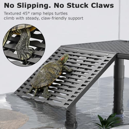 Upgraded Standing Turtle Basking Platform with Ramp, Built-in Feeding Tray | Adjustable Height, No Zip Ties, Non-Slip Ramp, Stable & Secure Turtle Dock for 30+ Gallon Aquariums (Fits Tanks 12+ In Wide) - size: 10 × 7.9 inch