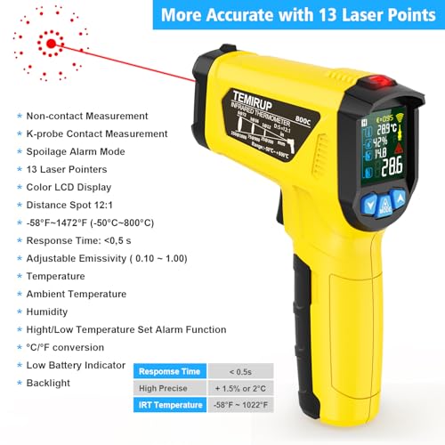 Infrared Thermometer Temperature Gun, -58°F to 1472°F, Digital Laser Thermometer Gun with Probe for Cooking, Pizza Oven, Grill & Engine, IR Thermometer Temp Gun with Adjustable Emissivity & Humidity - color: Yellow -58℉~1472℉(-50℃~800℃)