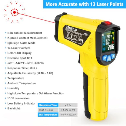 Infrared Thermometer Temperature Gun, -58°F to 1472°F, Digital Laser Thermometer Gun with Probe for Cooking, Pizza Oven, Grill & Engine, IR Thermometer Temp Gun with Adjustable Emissivity & Humidity - color: Yellow -58℉~1472℉(-50℃~800℃)