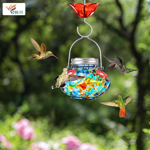 Hummingbird Feeder for Outdoors, Hand Blown Glass, Top Fill, Blue | 10oz Glass Mason Jar with Ant Moat, Bee & Leak Proof, 4 Flower Feeding Ports, Garden Decor, Easy-Refill, Gift for Bird Lovers - color: Blue