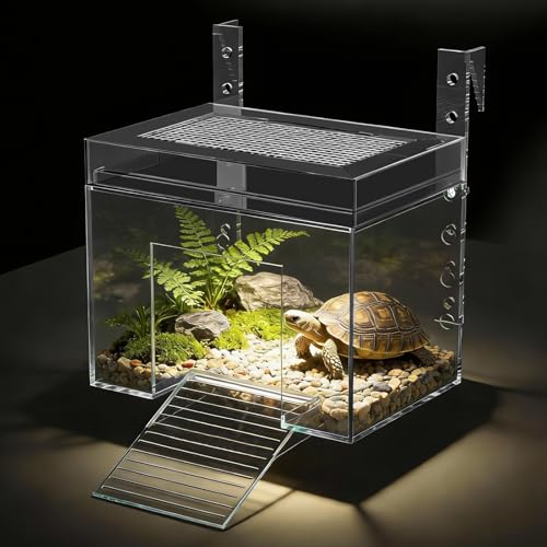 Adjustable Turtle Basking Platform, 7.8 x 5.5 x 5.5 Inch Above Tank Topper with Ramp for Small and Medium Aquatic Turtles, Transparent Acrylic Turtle Aquarium Dock Accessories