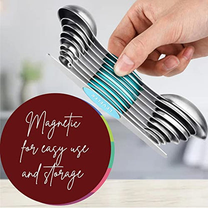 Magnetic Measuring Spoons Set of 9 Stainless Steel Dual-Sided Stackable Measuring Spoon Nesting Teaspoons Measuring Dry and Liquid Ingredients, Fits in Spice Jars Set of 9 (Blue Aqua Sky) - color: Blue (Aqua Sky)