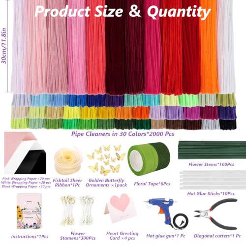 Cwczhi 3600 PCS Pipe Cleaner Flower Kit, 52 Colors Pipe Cleaners Craft | Chenille Stems for DIY Flower Making Kit with Instructions,Floral Wires,Stamen& Ribbon,Art and Craft Supplies - color: 52 color