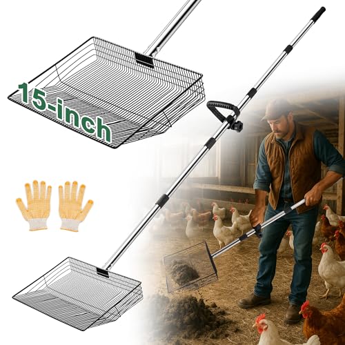 15-inch Large Chicken Poop Scooper, 5 in 1 Adjustable Chicken Coop Scoop with Ergonomic Grip, 24" to 77" Long Stainless Steel Sifting Litter Shovel Pooper Scooper Chicken Coop Accessories