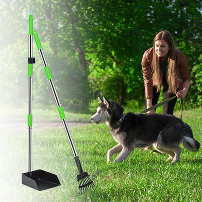 Pooper Scooper for Dogs, Metal Poop Scooper Tray and Rake Set with Adjustable Long Handle, Dog Pooper Scooper for Pet Waste Removal - color: Silver & Green