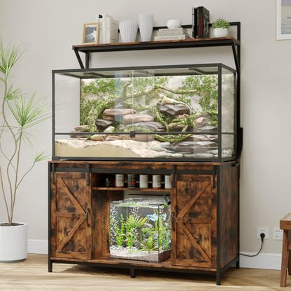 VOWNER 48"x24"Reptile Tank Stand with Power Outlet & Storage Cabinet, Brown | Fits up to 120 Gallon Bearded Dragon Tank, Sliding Barn Doors, Heavy Duty Aquarium Stand, Reptile Turtle Terrarium Stand - color: Rustic Brown