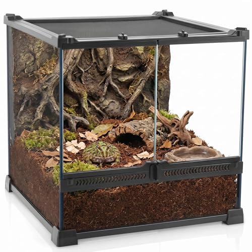 12"x12"x12" Reptile Terrarium, Double-Door Glass Terrestrial Vivarium for Tropical Amphibians Such as Pacman Frogs, with Lock, Cable Port & Waterproof Deep Base Below Front Doors