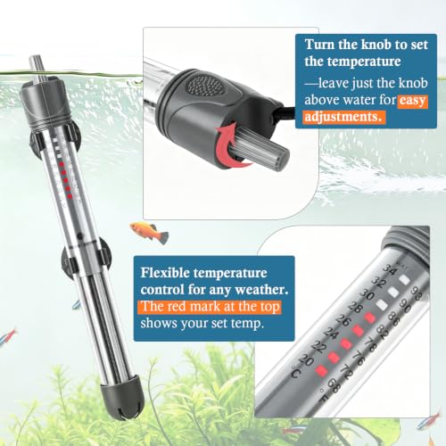 HITOP 100W Adjustable Aquarium Heater, Submersible Fish Tank Heater Thermostat with Suction Cups for 12-30Gal - size: 8.8in-100w
