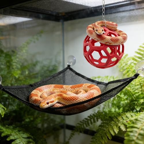 Snake Hammock & Climbing Ball Set - Triangular Breathable Mesh Hammock with 3 Suction Cups, Red Rubber Hollow Ball with Metal Chain, Reptile Climbing Toy & Resting Platform for Ball Python Corn Snake
