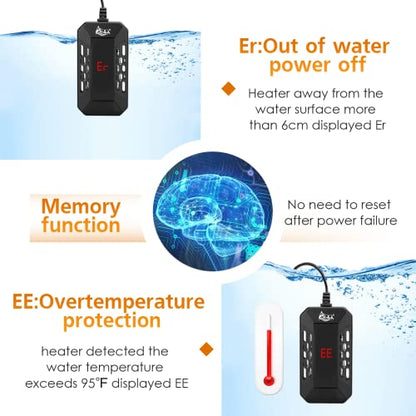AQQA Aquarium Submersible Heater for Fish Tank,LED Temperature Display and Built-in Thermometer,External Controller Temperature Control Range 59℉-93℉,Safety Control Protects 50W