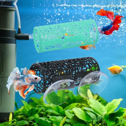 2Pcs Little Fish Swimming Tunnel, Safe Aquarium Decoration Betta Fish Tank Accessories with Suction Cups Hidden Decor Habitat Toys for Small Fish Shrimp Reptile Guppies