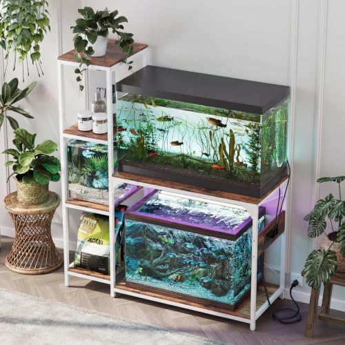 VOWNER 20-29 Gallon Fish Tank Stand with Power Outlet, Wood Aquarium Stand with Shelves for Fish Tank Accessories Storage, Heavy Duty Metal Frame, Turtle Reptile Terrarium Stand, Load 500lb, White - color: White
