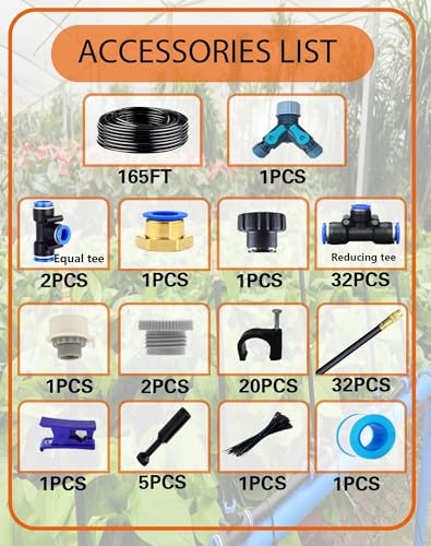 Drip Irrigation System,Automatic Garden Watering System, 360 Degree Adjustable Garden Sprinkler, High Output Mist Spray Nozzle for Potted Plants, Easy Connect & Rotating Head, Customizable Water Flow - size: 165 FT