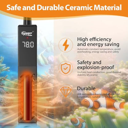 hygger Upgrade Ceramic Aquarium Heater, 100W Digital Fish Tank Heater with Automatic Power-Off and Over-Temperature Protection, Energy Saving Submersible Aquarium Heater for Freshwater and Saltwater - size: 100W