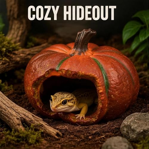 Gecko Hide, Reptile Hide, Resin Pumpkin Cave for Small Reptiles, Lizard, Spider, Gecko, Terrarium Decor Shelter, Halloween Style Habitat Ornament, 1 Pack