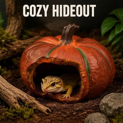 Gecko Hide, Reptile Hide, Resin Pumpkin Cave for Small Reptiles, Lizard, Spider, Gecko, Terrarium Decor Shelter, Halloween Style Habitat Ornament, 1 Pack