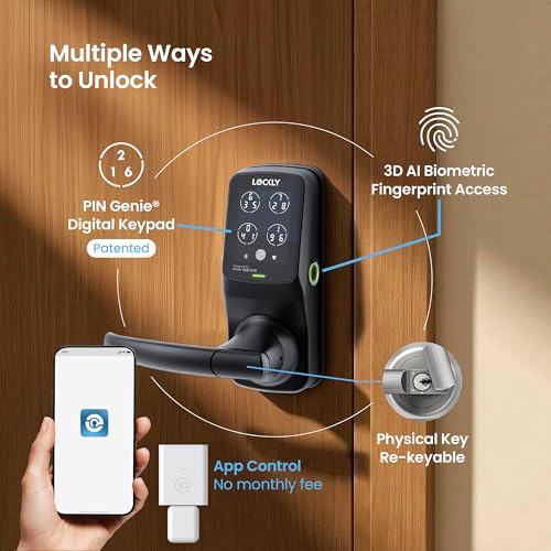 Lockly Secure Pro Wi-Fi Smart Lock with Handle | Keypad Keyless Entry Door Lock with Fingerprint,App Remote Control, Works with Alexa and Google, Auto Lock - color: Matte Black