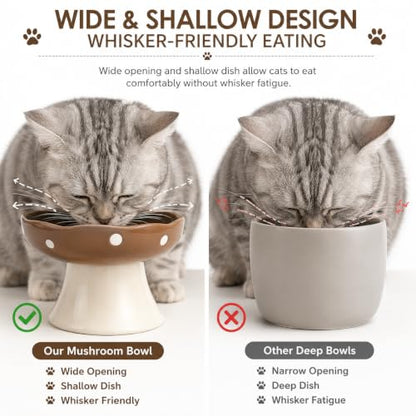 Brown Mushroom Cat Bowl, Elevated Ceramic Bowl for Cats | Cute, Elevated, Ceramic, Whisker Friendly, Dishwasher Safe - color: Brown
