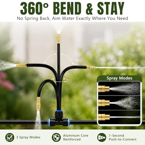 Drip Irrigation Nozzles 40 Pack, 8 Inch Adjustable Sprayers for 1/4 Tubing | 360° bendable stems direct water where needed; tee connectors branch irrigation for pots, raised beds and greenhouse plants.