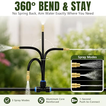 Drip Irrigation Nozzles 40 Pack, 8 Inch Adjustable Sprayers for 1/4 Tubing | 360° bendable stems direct water where needed; tee connectors branch irrigation for pots, raised beds and greenhouse plants.