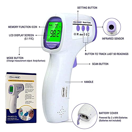 Digital Non-Contact Infrared Forehead Thermometer for Adults & Kids, Accurate Instant Reading, Dual Mode Body & Surface ˚C / ˚F, Intelligent Temperature/Fever Alert, Batteries Included