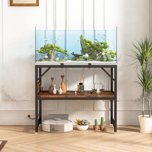 15-20 Gallon Fish Tank Stand with Power Outlets,Aquarium Stand with 2-Tier Storage Shelves,Heavy Metal Reptile Turtle Tank Stand,Fish Tank Shelf,450LBS Capacity,24”L×11.8”W×20.5”H,Rustic Brown