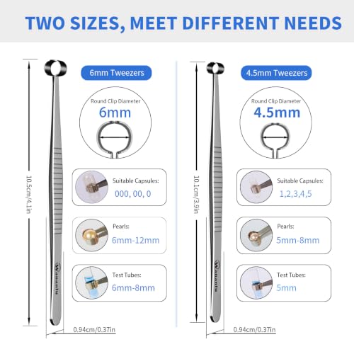wananfu Round Tip Tweezers Kit(2 Tweezers, 304 Stainless Steel) for Filling Gelatin or Vegan Empty Capsules, and for Picking Pearls, Jewelry, Small Test Tubes