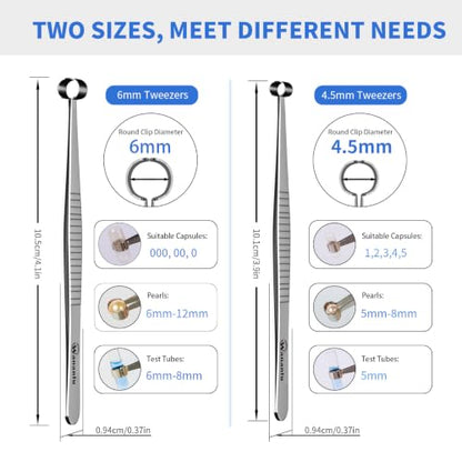 wananfu Round Tip Tweezers Kit(2 Tweezers, 304 Stainless Steel) for Filling Gelatin or Vegan Empty Capsules, and for Picking Pearls, Jewelry, Small Test Tubes