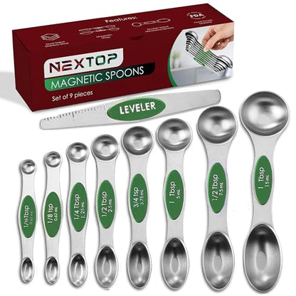 Magnetic Measuring Spoons Set of 9 Stainless Steel Dual-Sided Stackable Measuring Spoon Nesting Teaspoons Measuring Dry and Liquid Ingredients, Fits in Spice Jars Set of 9 (Green) - color: Green