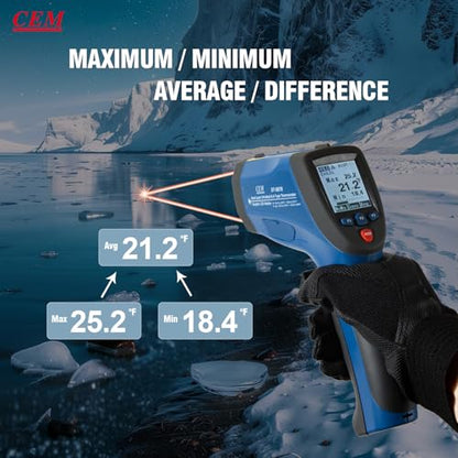 CEM DS 50:1 Infrared Thermometer Temperature Gun,-58°F to 2192F°Adjustable Emissivity IR Temp Gun,Dual Laser HVAC Cooking Pyrometer,0.15S Response Thermal Heat Leak Detector with K-Type Probe&USB