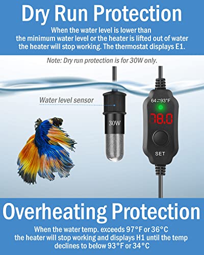 AquaMiracle Mini Aquarium Heater 10W Small Fish Tank Heater for 1-2 Gal Tanks, Digital Display Thermostat Betta Heater with Dry-Run & Overheat Protection, Memory Function - size: ≤ 2 Gal Tanks