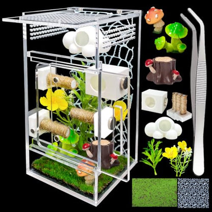 Jumping Spider Enclosure,DIY Insects Habitat,Small Reptile Terrarium Glass House Accessories Set,with Jumping Platform Hide Climbing Net(Green 2) - color: Green 2