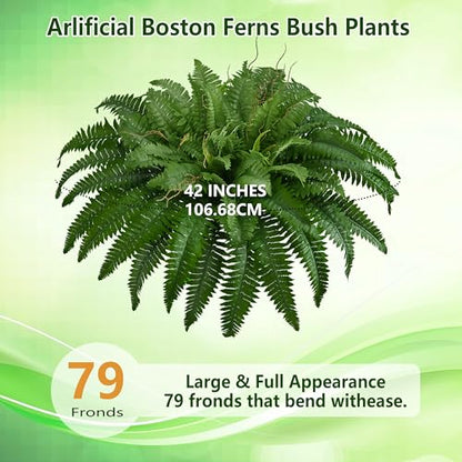 42In Artificial Boston Ferns Bush, Set of 2 Large Faux Ferns Plants, 79 Branches Fake Ferns for Home Living Room Decor, Indoor and Outdoor. - size: 2 PCS-42"