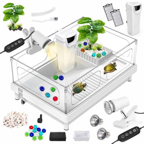 GOZILLA Small Turtle Tank Kit(Tank+Lamp+Filter), Acrylic Aquarium Turtle Starter Kit Habitat with Multi-Functional Areas for Small Reptiles. (White Kit)