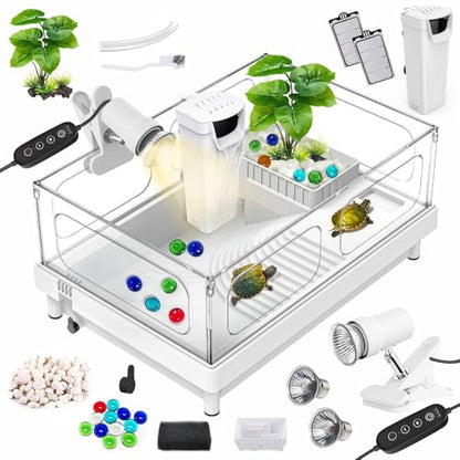 GOZILLA Small Turtle Tank Kit(Tank+Lamp+Filter), Acrylic Aquarium Turtle Starter Kit Habitat with Multi-Functional Areas for Small Reptiles. (White Kit)