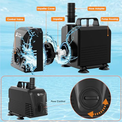 AquaMiracle Submersible Water Pump Aquarium Water Pump with Flow Control, Pond Pump Fountain Pump for Pond, Fountain, Waterfall, Statuary, Water feature, Hydroponics (800GPH, 55W) - size: 800GPH, 55W