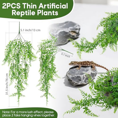 RAINFLOW 2PCS Fake Hanging Plants - Artificial Reptile Habitat Vines | UV Resistant Artificial Boston Ferns for Bearded, Dragon, Snake. Geckos, Hermit Crab, Lizard, Chameleon, 31.5 Inch - size: 31.5"x5.1"