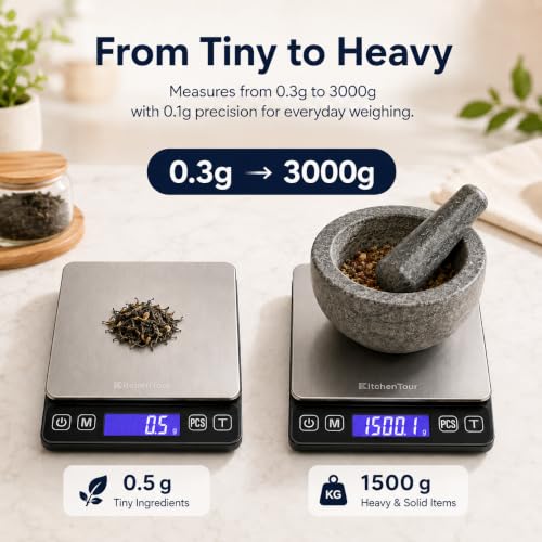 KitchenTour Digital Kitchen Gram Scale - 3000g/0.1g - High Accuracy Precision Food Scale with 9 Units(g/oz/ml/lb/lb:oz/gn/ozt/DWT/ct) - Meat Scale with Back-Lit LCD Display(Batteries Included) - color: Black, size: 3000g/0.1g