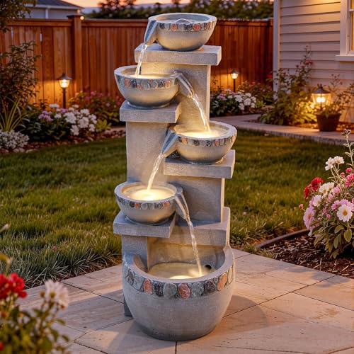 33" H 4-Tier Pebble Textured Fountain Outdoor with Warm LED Lights | Modern Water Feature Outdoor with Soothing Cascading Waterfall for Patio, Backyard, Garden or Porch - color: 33"h Concrete & Pebbles