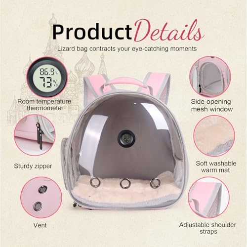 Bearded Dragon Backpack Carrier w/Reptile Thermometer Hygrometer, Clear Bubble Window Astronaut Space Capsule Travel Bag for Leopard Gecko, Ball Python, Lizard, Hermit Crab, Spider, Guinea Pig - color: Pink