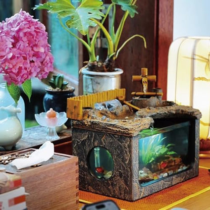 Fish Tanks with Water Fountain,Indoor & Outdoor Small Fish Pond Kit,Water Pump & Filtration & LED Light,Tabletop Aquarium,Waterfall Decoration,Home Office Decor,A