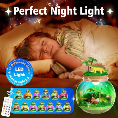 Dinosaur Light-Up Terrarium Kit for Kids- Birthday Gifts for Boys Ages 4 5 6 7 8-12 Year Old- Dinosaur Toys for Boys with Multicolor LED Light & Remote - style: Dinosaur