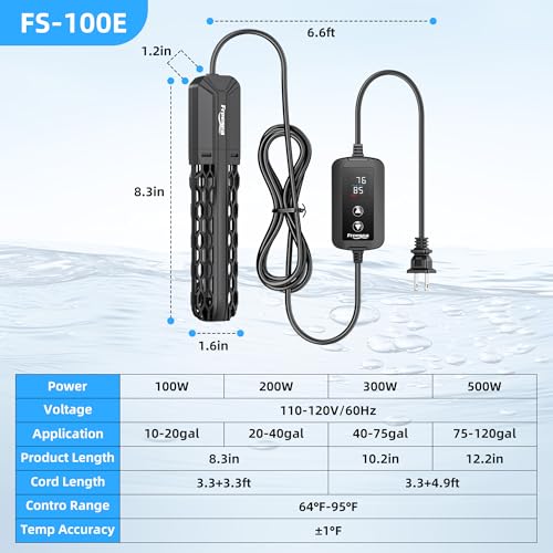 FREESEA Adjustable Aquarium Heater 10-20Gal: 100W 64-95°F Precise Control | Holds Temperature Steady Within 1° F for TropicalFish Community Tanks - External Digital Controller & Dry Run Protection - size: 100W(10-20gallon)