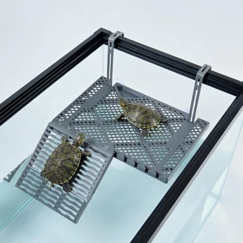 Large SolidForm Hanging Turtle Basking Platform with Built-in Food Tray, Zero Zip-Tied, Non-Slip Ramp Terrace, Resting Turtles Dock, for 60–120 Gallon Aquariums Turtle Turtle Tank Accessories - size: Large（12.6×8.7inches）