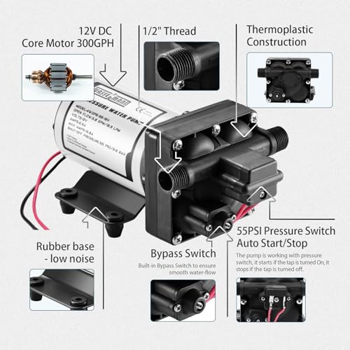 RV Water Pump 12 Volt DC 5.0GPM 55PSI Replacement For 4008-101-A65 Water Pump Self Priming Diaphragm Pump with Pressure Switch for RV Kitchen Bathroom Marine Yacht Garden Camper Water Pumps - color: Plastic